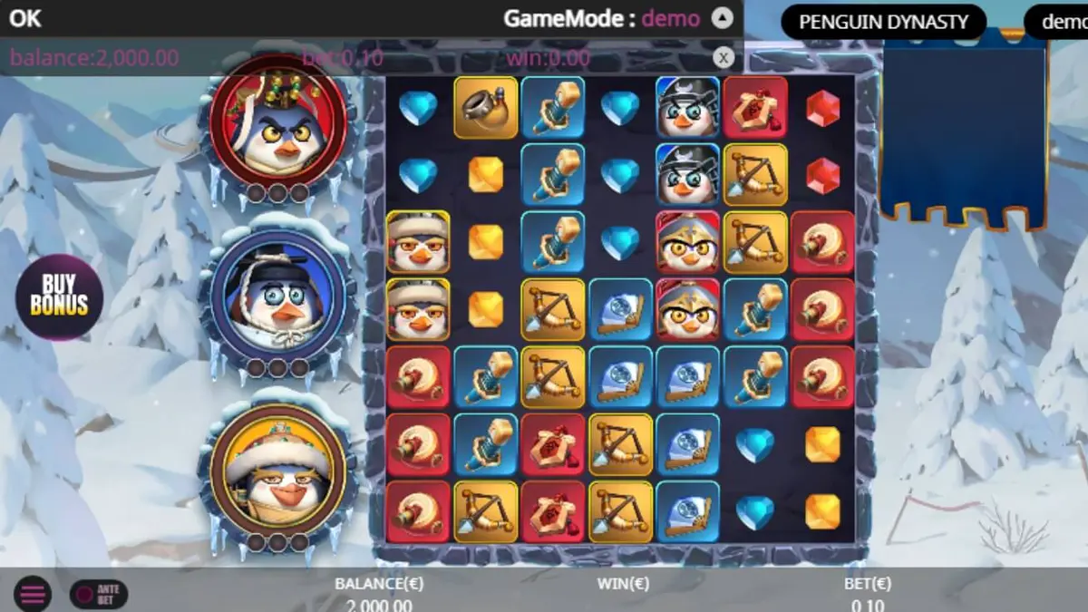 Tampilan visual slot Penguin Dynasty dengan tema penguin dan istana es