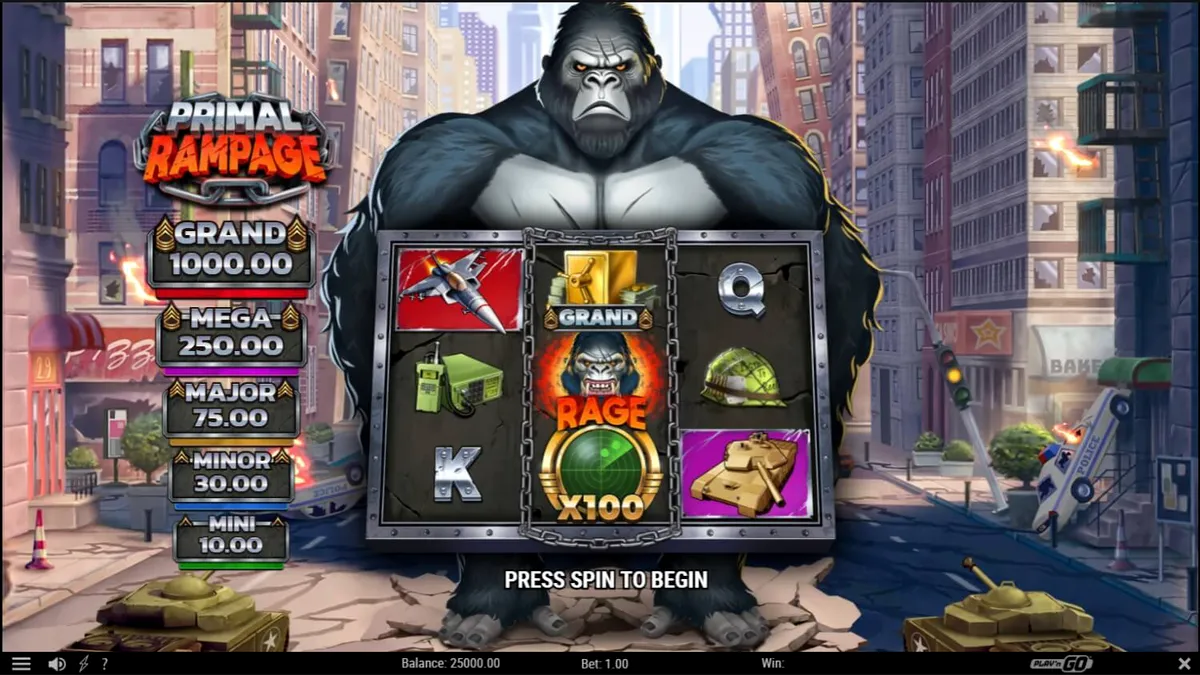 Tampilan visual slot Primal Rampage dengan tema hutan dan King Kong