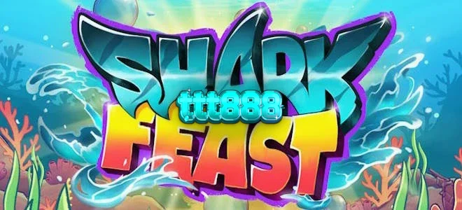 Tampilan visual cerah dan penuh warna dari slot Shark Feast dengan tema pesta bawah laut neon.